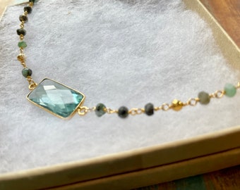 The Princess and the Stone- Green Quartz Pendant and Emerald and Gold Pyrite Gold Rosary Style Necklace