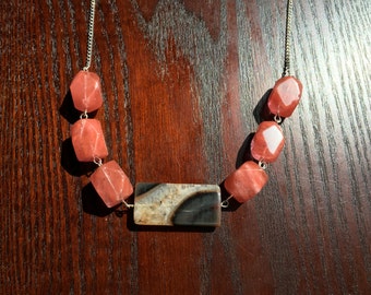 The Watermelon Rind- Pink Faceted Chunk Stone and Agate Stone Silver Chain Necklace