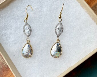 The Jubilee- Mixed Metal Silver Cubic Zirconium Marquise and Faux Leather Iridescent Crackle Gold Dangle Earrings