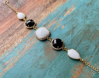 The Mariah- Super Sparkly Glam Bracelet with White Agate and Black Onyx Stones Covered in CZ Rhinestones