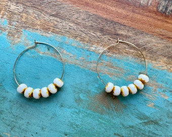 The Gold Topping- Gold Hoops with Cream and Gold Beads