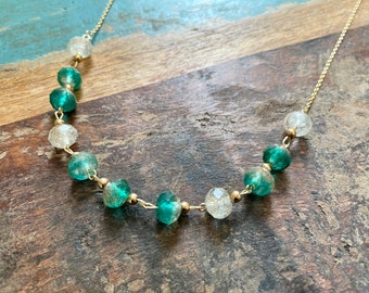 The Holiday- Iridescent Clear, Gold, and Green Sparkly Bead Necklace