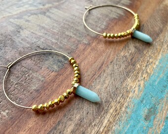 The Beat Drop- Turquoise Amazonite Spear Stone on Large Gold Hoops with Gold Matte Nuggets