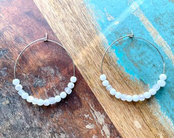 The Newbie- Shiny and Matte White and Clear Bead Lightweight Medium Silver Hoops