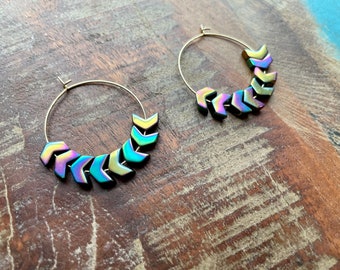 The Retro Way- Iridescent Rainbow Arrow Multi Color Light Gold Hoops Earrings