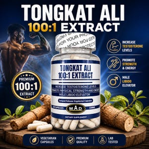 M.A.D.- Tongkat Ali 100:1 Extract 160 caps Delayed Release Vegetarian Capsules total 45 grams