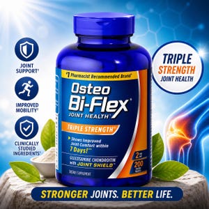 Può includere: Una bottiglia blu di integratore per la salute delle articolazioni Osteo Bi-Flex Triple Strength. L'etichetta include testo su supporto articolare, mobilità migliorata e ingredienti clinicamente studiati. La bottiglia contiene 200 compresse rivestite.