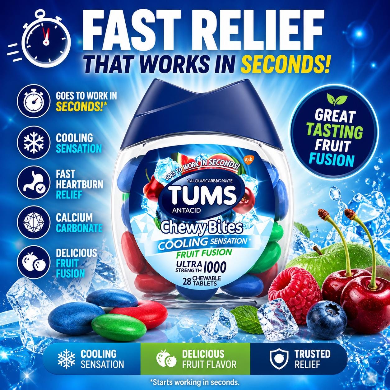 TUMS Chewy Bites Cooling Sensation Ultra Strength Antacid - Fruit Fusion Flavor - Fast Heartburn & Acid Indigestion Relief - 28 Count