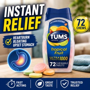 Puede incluir: Una botella de tabletas antiácidas Tums con las palabras "Instant Relief" y "Tropical Fruit" en la etiqueta. La botella contiene 72 comprimidos masticables. La imagen también muestra las palabras "Heartburn, Bloating, Upset Stomach".