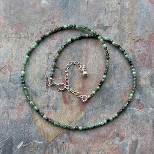 Emerald gemstone tiny 2mm beaded necklace, minimal necklace, choker, green layering necklace