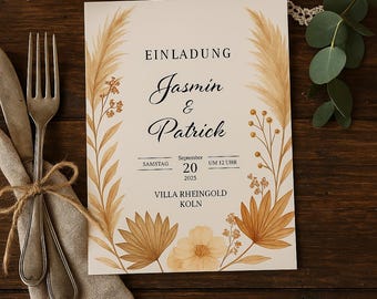 May include: A wedding invitation with a beige background and a floral design. The invitation reads "Einladung Jasmin & Patrick Samstag September 20 2023 UM 12 UHR VILLA RHEINGOLD KÖLN"