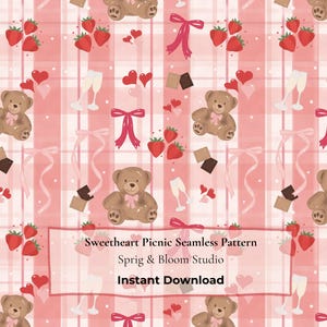 Sweetheart Picnic, Valentine’s Seamless Pattern, Teddy Bears, Strawberries, Hearts, Coquette Digital Paper