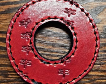 Tsuba 39, satin red leather, dragonflies, black edges and threads, shinai kendo