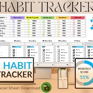 Habit Tracker Excel, Daily Habit Planner Spreadsheet Weekly adhd Planner digital, Monthly Habit Tracker, Habit Tracker journal, habit excel