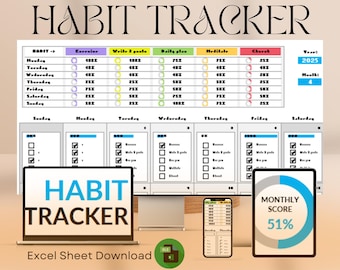 May include: A digital habit tracker with a colorful weekly calendar, a checklist, and a monthly score of 51%. The text "HABIT TRACKER" is displayed on the screen of a laptop and a mobile phone. The text "Excel Sheet Download" is displayed below the laptop.