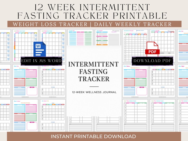 12-week Intermittent Fasting Tracker | Printable Weight Loss Journal, Daily Fasting Log ...