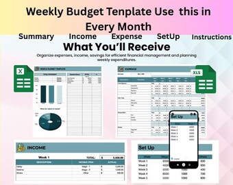 May include: A weekly budget template spreadsheet with a green and white Excel icon, a pie chart, and a table with columns for income items and actual amounts. The spreadsheet is titled "Weekly Budget Template".