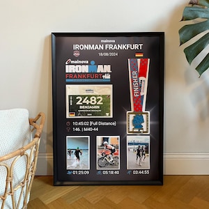 IRONMAN Frankfurt Triathlon Poster mit Medaille, Startnummer, Foto(s) – Wandbild mit eigenen Werten – Geschenk – Digitaldruck Vorlage 50x70