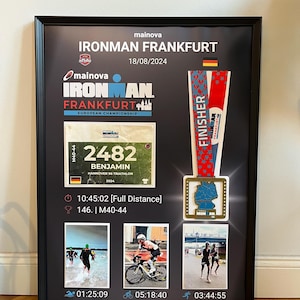 IRONMAN Frankfurt Triathlon Poster with Medal, Bib Number, Photo(s) – Wall Art with Your Own Values – Gift – Digital Print Template 50x70 image 3