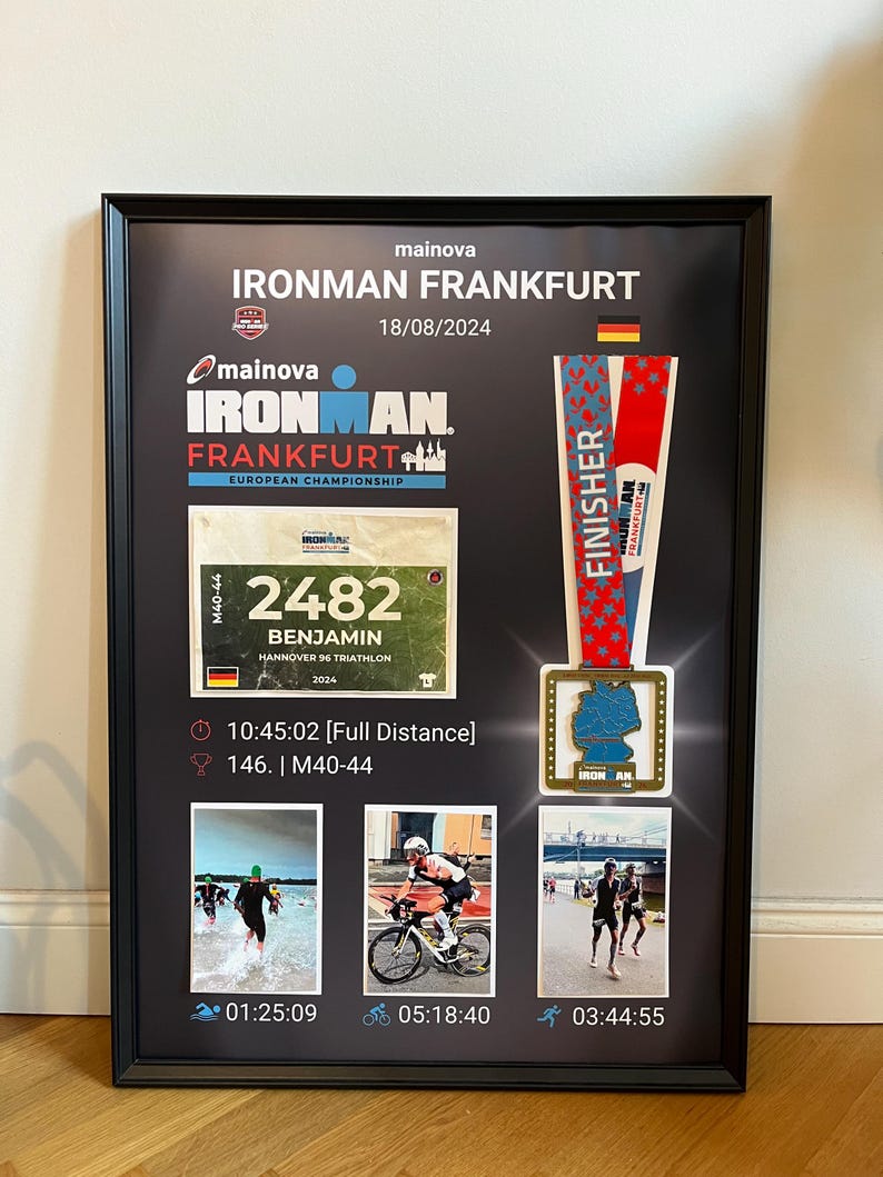 IRONMAN Frankfurt Triathlon Poster with Medal, Bib Number, Photo(s) – Wall Art with Your Own Values – Gift – Digital Print Template 50x70 image 3