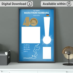 Peut inclure: Affiche encadrée sur fond bleu, avec le texte "40. HASPA MARATHON HAMBURG 26.04.2026". Elle comprend un logo, un drapeau allemand et des statistiques de course : 21 097 m, 03:51:56, 05:29/km et 3 513.