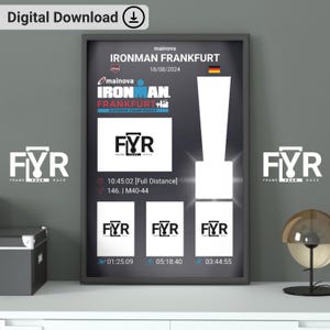 May include: A framed digital download print for the Ironman Frankfurt European Championship. The print features the event logo, date, and race details, including the athlete's time and category. The print is displayed on a white surface.