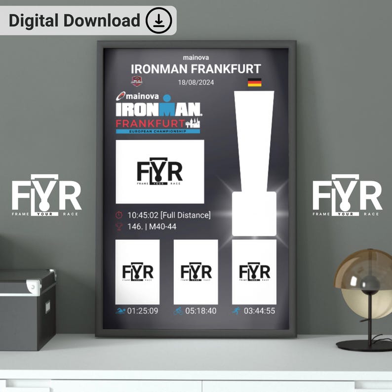 May include: A framed digital download print for the Ironman Frankfurt European Championship. The print features the event logo, date, and race details, including the athlete's time and category. The print is displayed on a white surface.