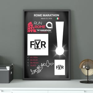 Könnte beinhalten: Gerahmtes Poster für den Rom-Marathon, datiert auf den 22. März 2026. Das Design zeigt die Worte "RUN ROME" mit der Colosseum-Grafik, der italienischen Flagge und dem "FYR"-Logo. Das Poster enthält Renndetails.