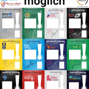 May include: A promotional poster for various marathons, including Berlin, Tokyo, Chicago, and London. The poster features logos, dates, and course maps for each event, with the text "Jedes Event m&ouml;glich" at the top.