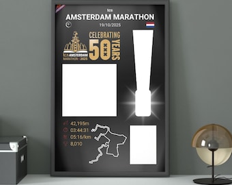 May include: A framed poster for the Amsterdam Marathon, celebrating its 50th anniversary. The black poster features white text and graphics, including the race date, distance (42,195m), and a map outline. The poster is displayed on a white surface.