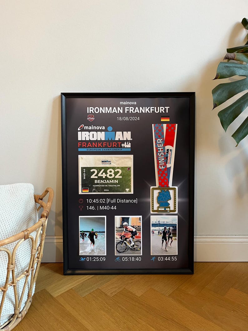 IRONMAN Frankfurt Triathlon Poster with Medal, Bib Number, Photo(s) – Wall Art with Your Own Values – Gift – Digital Print Template 50x70 image 1