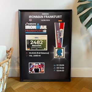 IRONMAN Frankfurt Triathlon Poster with Medal, Bib Number, Photo(s) – Wall Art with Your Own Values – Gift – Digital Print Template 50x70 image 2