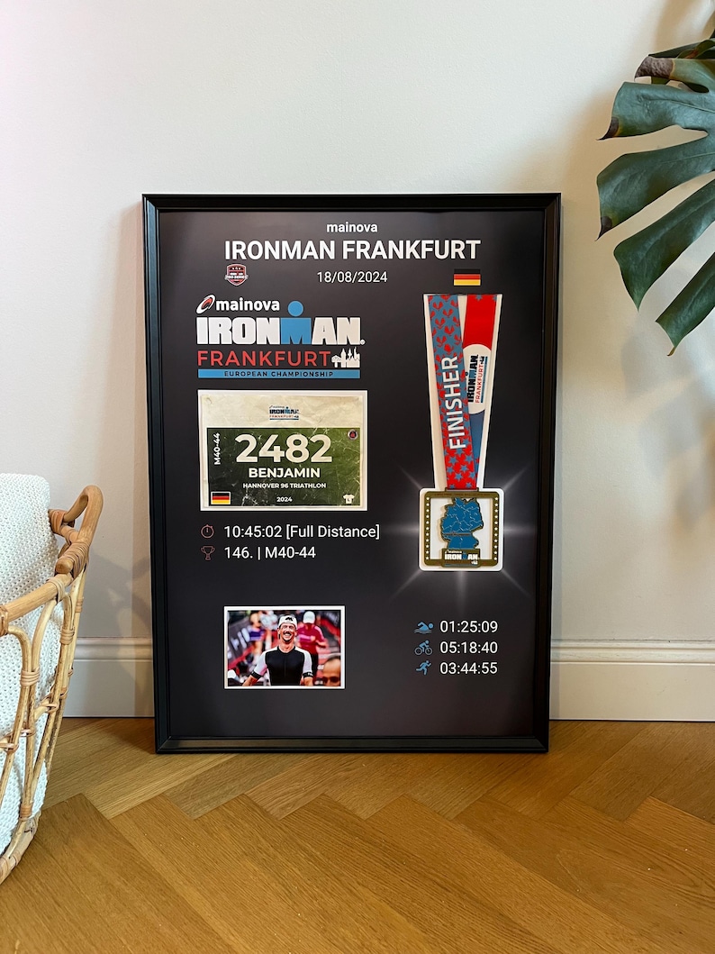 IRONMAN Frankfurt Triathlon Poster with Medal, Bib Number, Photo(s) – Wall Art with Your Own Values – Gift – Digital Print Template 50x70 image 2