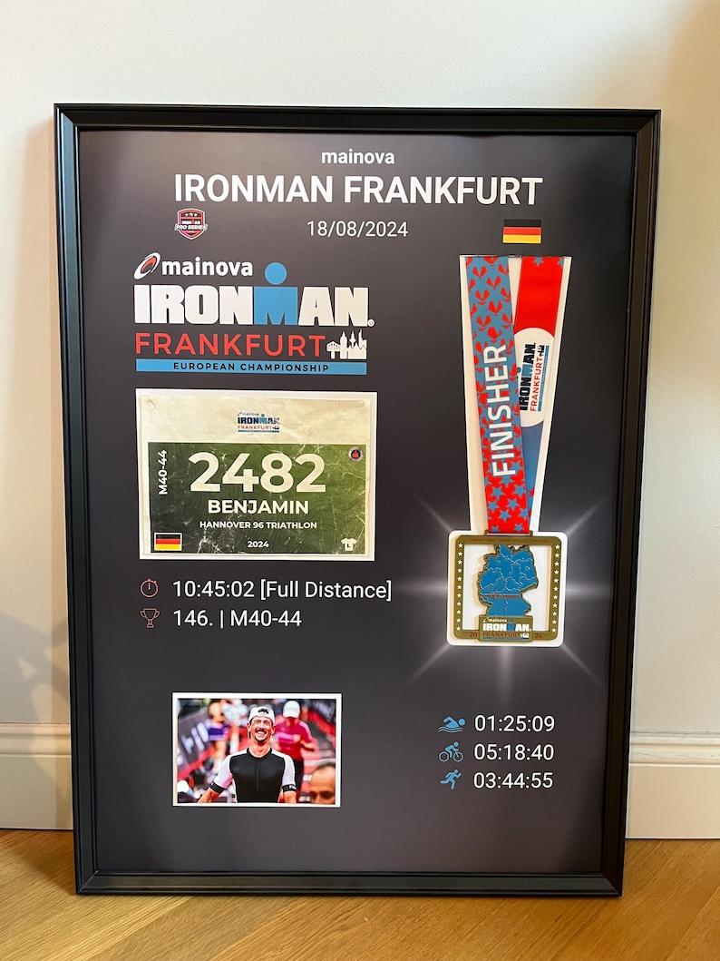 IRONMAN Frankfurt Triathlon Poster with Medal, Bib Number, Photo(s) – Wall Art with Your Own Values – Gift – Digital Print Template 50x70 image 4