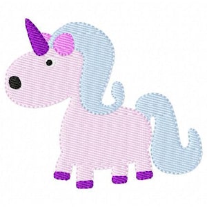 May include: A pink and blue cartoon unicorn with a purple horn and hooves. The unicorn has a light blue mane and tail.