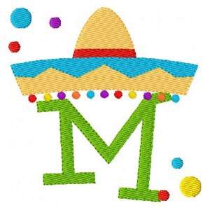 May include: A green letter "M" is topped with a yellow and blue sombrero, with colorful pom-poms and confetti. The design is embroidered, with a textured appearance. The image has a festive, celebratory theme.