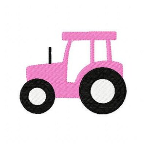 Puede incluir: Un tractor de juguete rosa con ruedas negras y centros blancos. El tractor tiene un diseño simple con un cuerpo redondeado y una sola cabina.