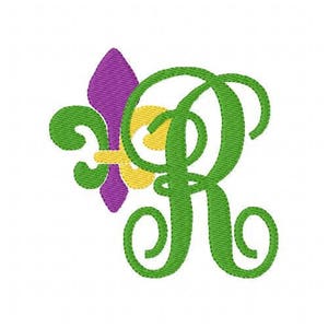 May include: A green cursive letter R with a purple and yellow fleur-de-lis to the left.