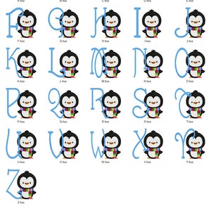 May include: An alphabet chart featuring a penguin holding each letter. The penguin is wearing a colorful scarf and has a black and white body. The letters are in blue.