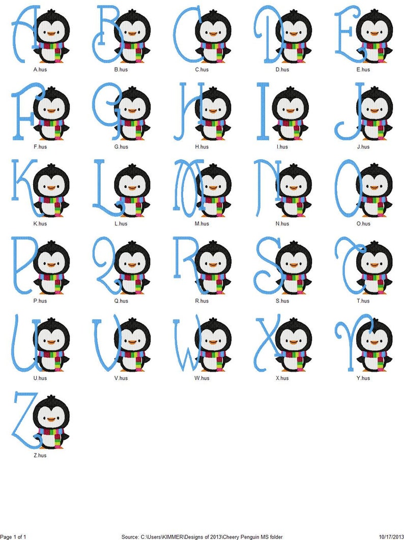 May include: An alphabet chart featuring a penguin holding each letter. The penguin is wearing a colorful scarf and has a black and white body. The letters are in blue.