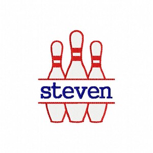 May include: Three red bowling pins with a white background and the name "steven" in blue letters across the middle.