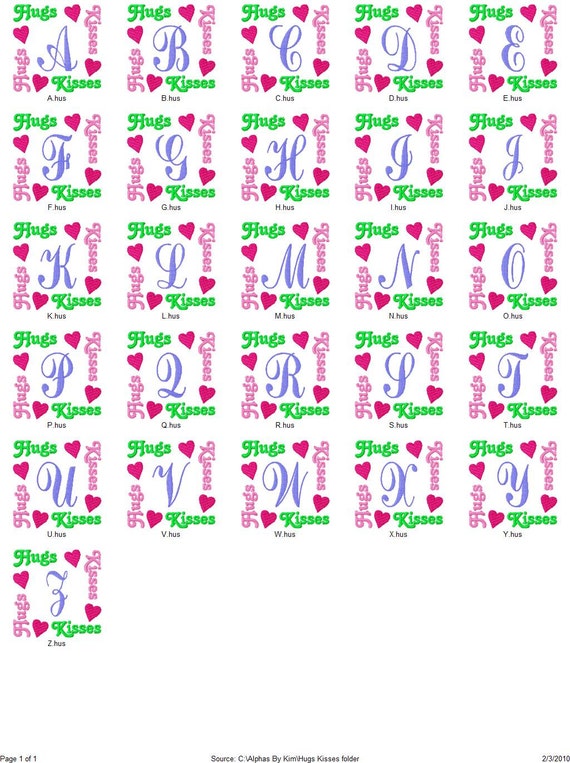 Hugs Kisses Valentine Heart Monogram Machine Embroidery Font