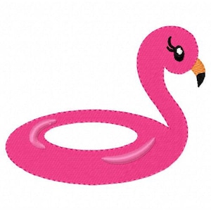 May include: Pink inflatable flamingo pool float with a white eye and black eyelashes. The float is shaped like a flamingo with a curved neck and a round body.