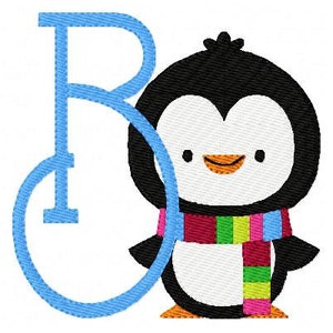 May include: A blue letter B with a penguin wearing a colorful scarf. The penguin is black and white with a yellow beak and orange feet.