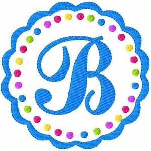 May include: A blue scalloped circle with a white background and a blue letter "B" in the centre. The circle is surrounded by a ring of colourful dots.