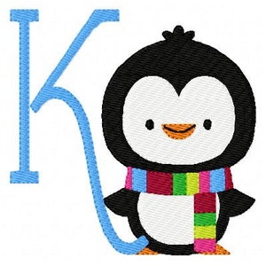 May include: A blue letter K with a cartoon penguin wearing a colorful scarf. The penguin is black and white with a yellow beak and orange feet.