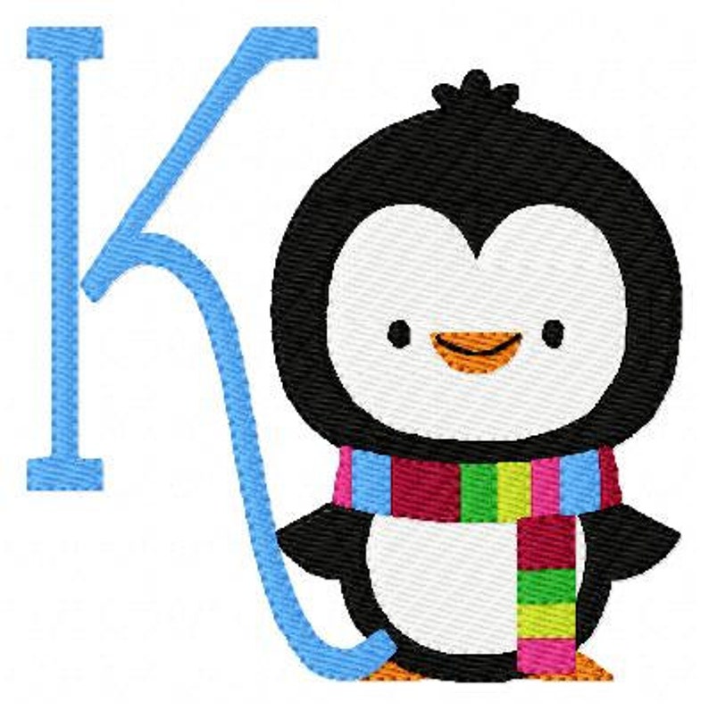 May include: A blue letter K with a cartoon penguin wearing a colorful scarf. The penguin is black and white with a yellow beak and orange feet.