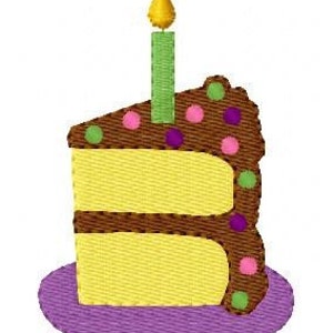 May include: A single slice of yellow cake with brown frosting and colorful sprinkles. The cake is on a purple plate and has a green candle with a yellow flame.
