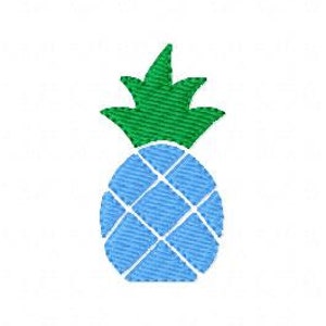May include: A blue and green pineapple illustration. The pineapple is a simple design with a blue body and a green leafy top.