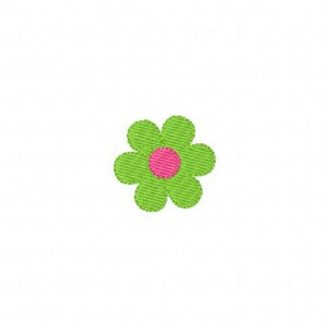 Op de afbeelding: Een groene bloem met een roze hart. De bloem heeft zes bloemblaadjes.